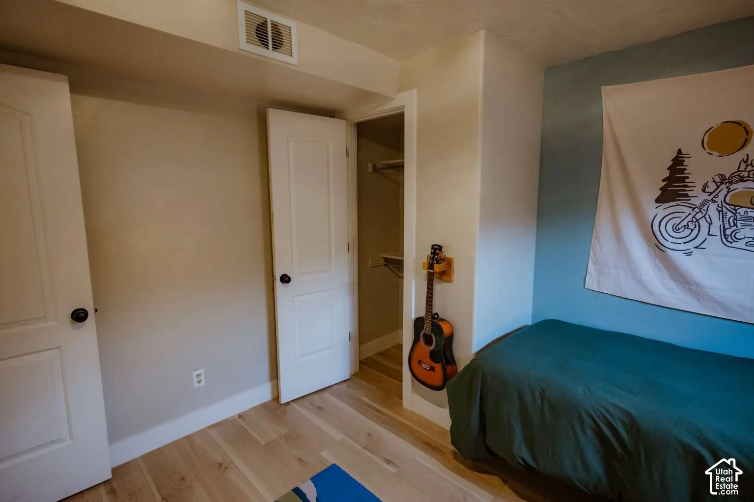 Wood-finish flooring, two-panel interior doors, and a built-in closet with integrated shelving