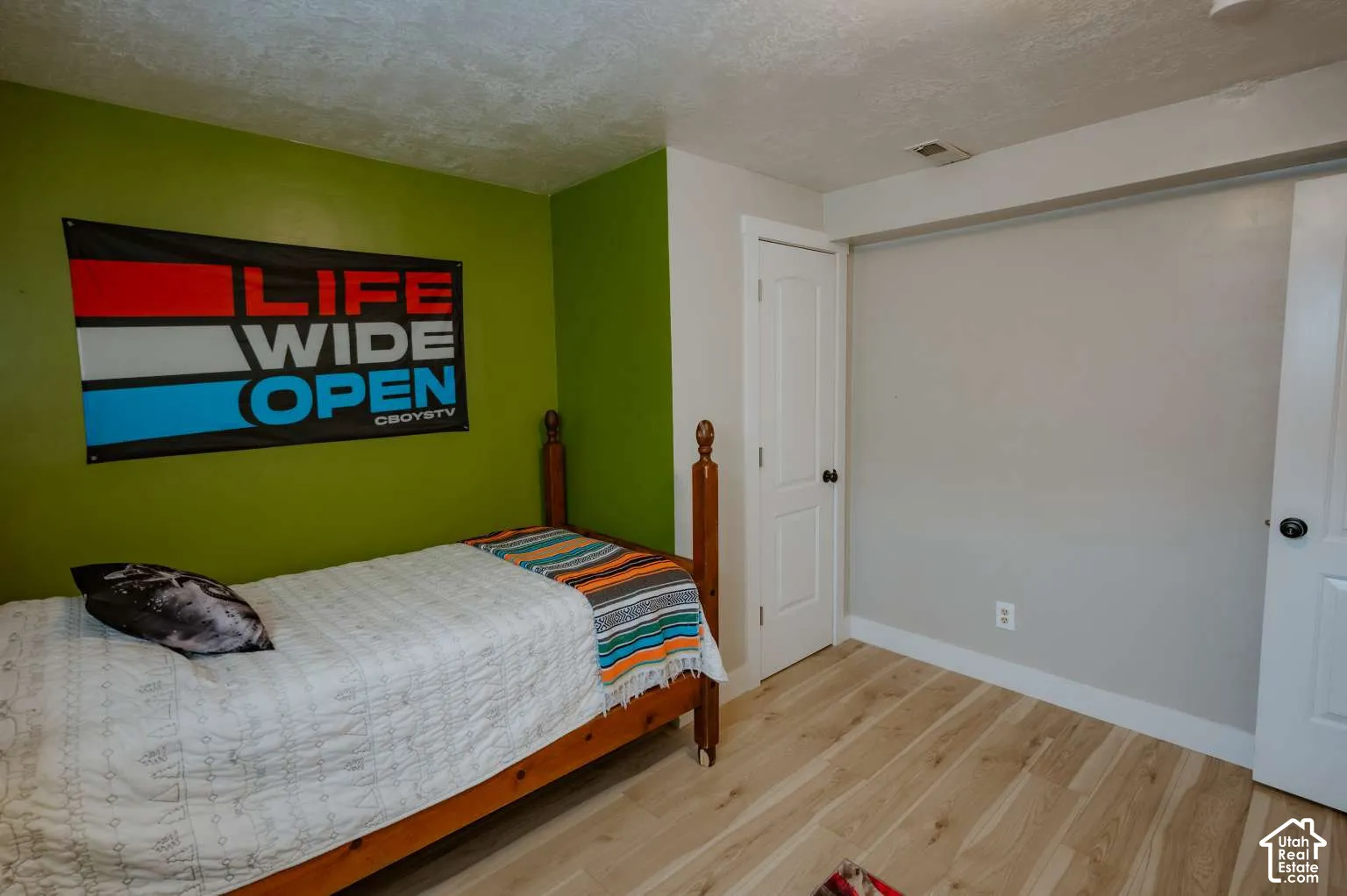 Wood-finish flooring, two white panel doors, and neutral wall tones