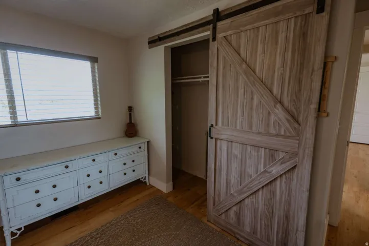 Wood-finish flooring, white walls, and a barn-style sliding closet door