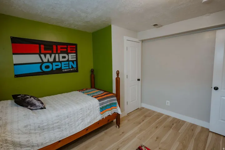 Wood-finish flooring with light-toned boards, white trim, and a contrasting accent wall