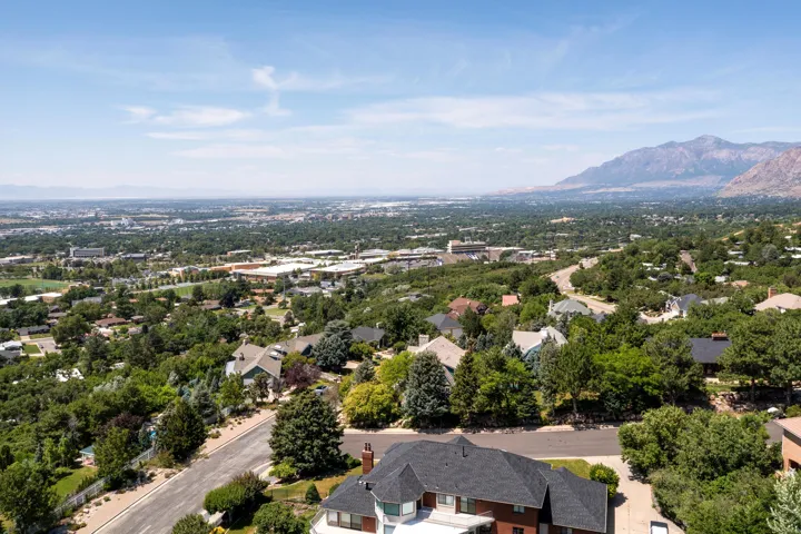 Expansive aerial perspective showcasing a residential area with mature trees and distant mountain terrain