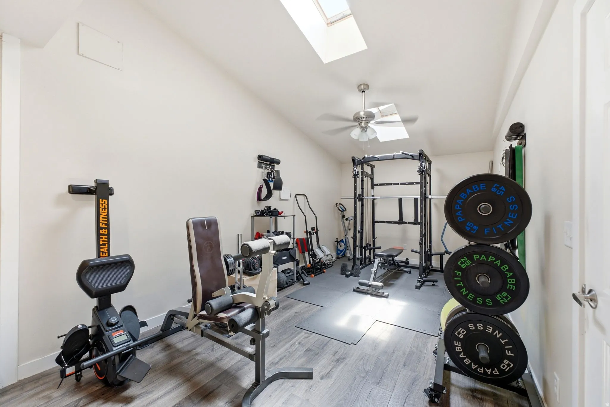 Wood-finish flooring, vaulted ceiling, dual skylights, and a ceiling fan