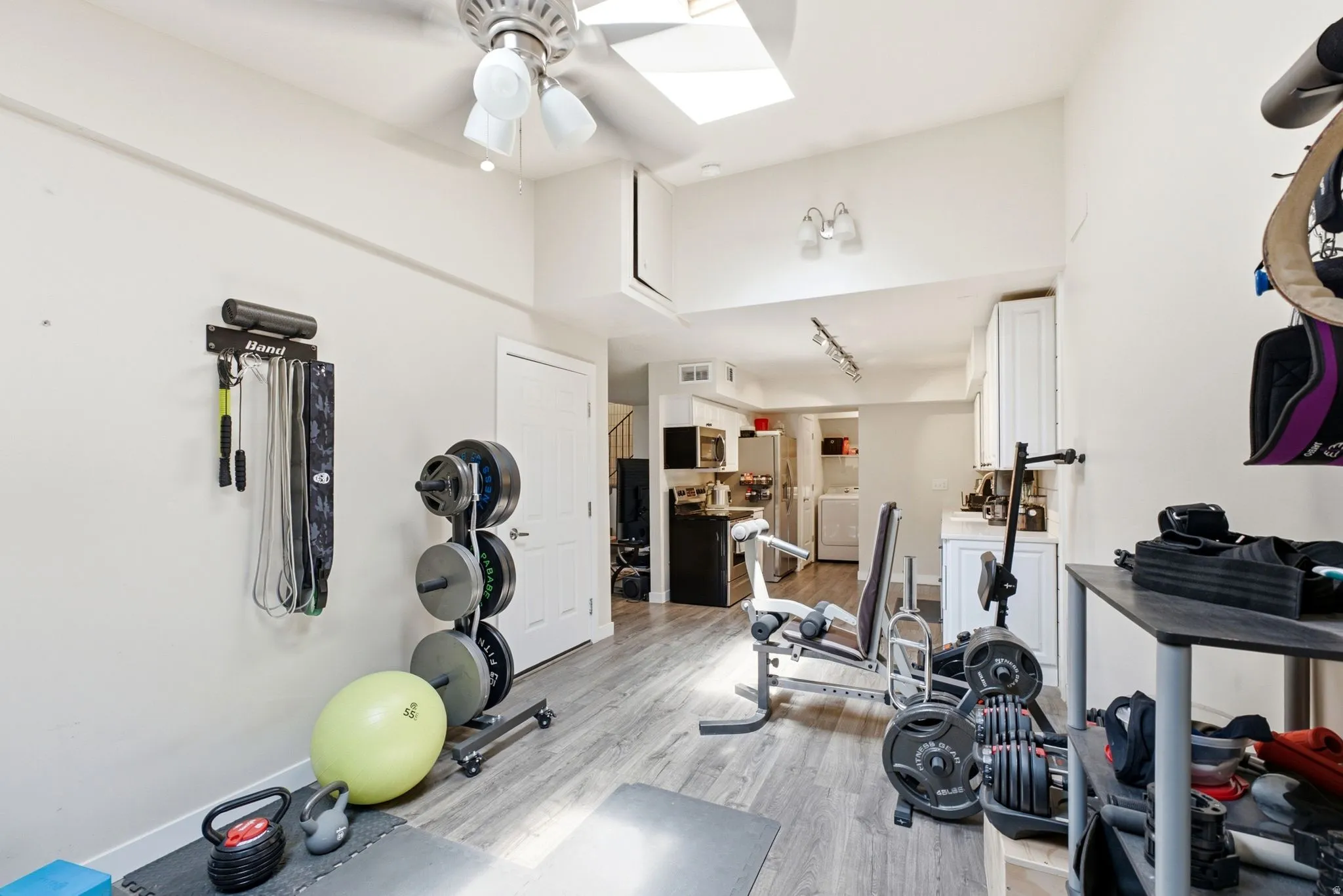 Vaulted ceiling, skylight, ceiling fan, wood-finish flooring, white walls