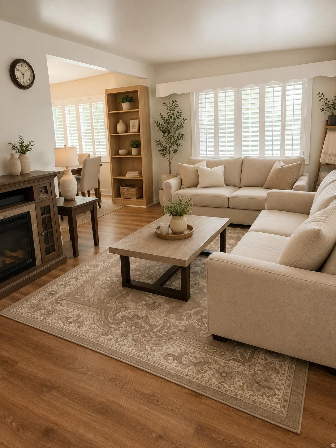 Wood-finish flooring, built-in shelving, white plantation shutters, and a dark wood-finish media console with an integrated fireplace