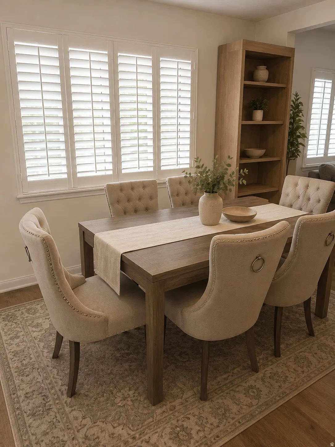 Hardwood-style flooring with a decorative area rug