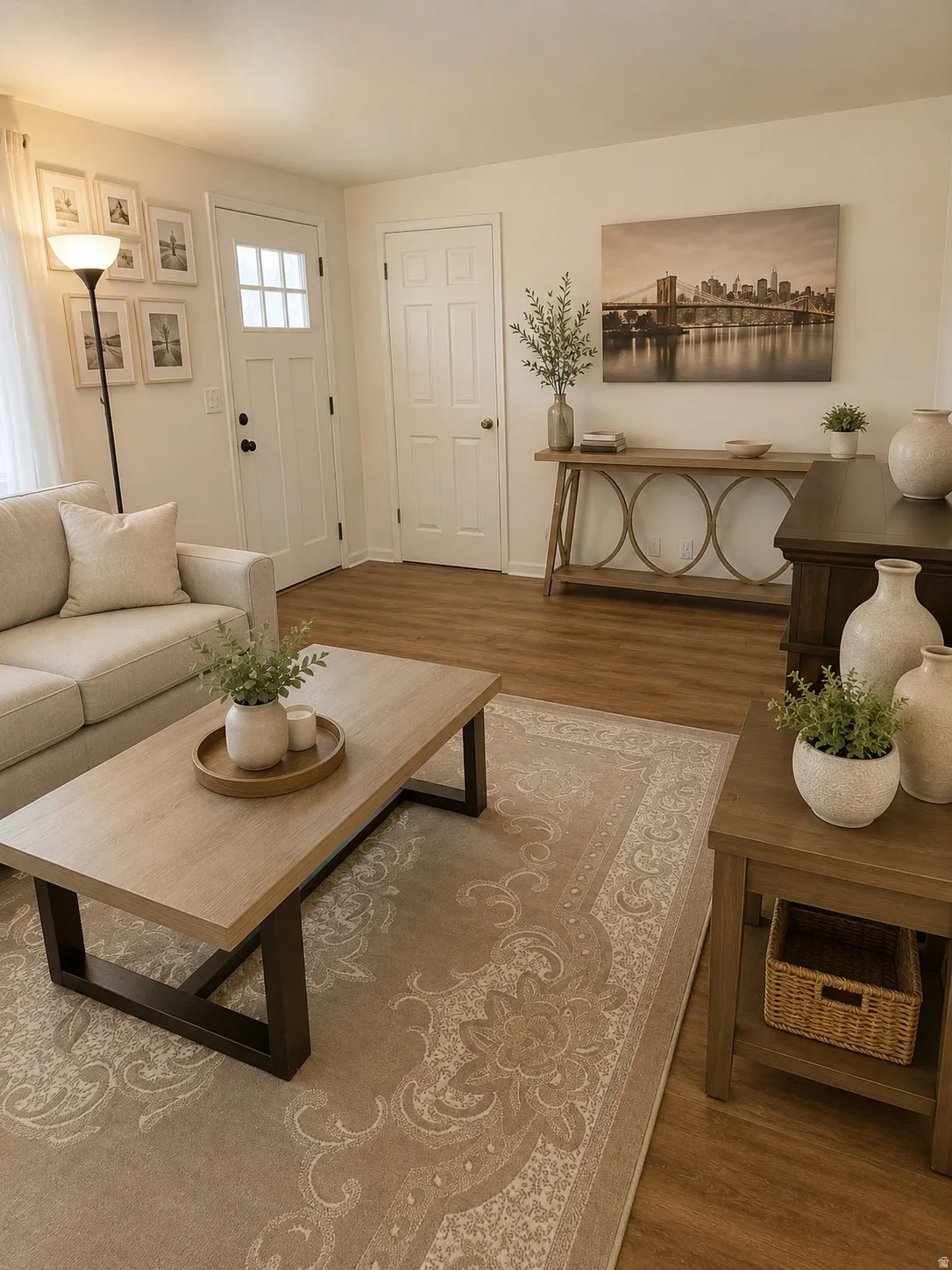 Welcoming living room showcasing hardwood flooring, white painted doors and trim, and neutral wall finishes