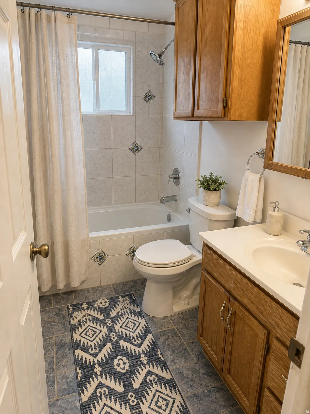 Bathroom featuring a tub/shower combination with tiled surround, a frosted window, and a vanity with wood cabinetry