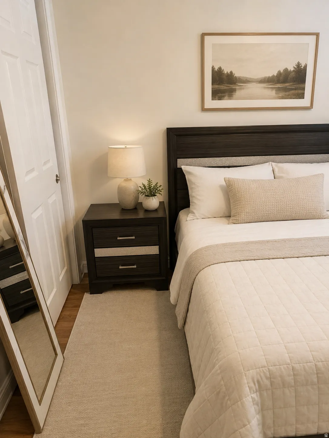 Wood-finish flooring with a neutral-toned area rug