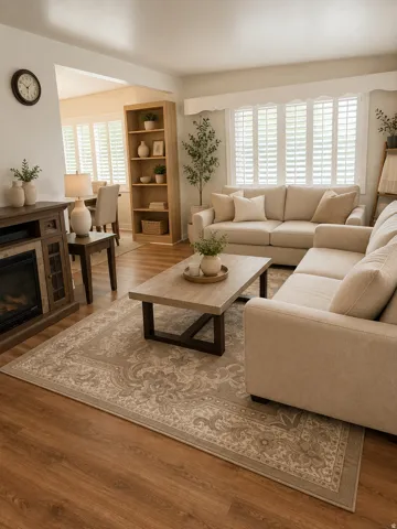 Wood-finish flooring, built-in shelving, white plantation shutters, and a dark wood-finish media console with an integrated fireplace