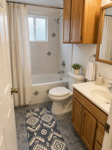 Bathroom featuring a tub/shower combination with tiled surround, a frosted window, and a vanity with wood cabinetry