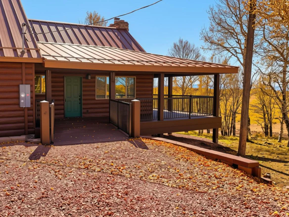 Log cabin exterior with a covered porch and brown metal roof