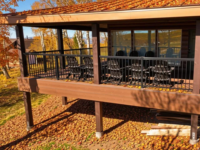 Expansive elevated deck with durable composite decking, sleek black metal railings, and a solid roof structure