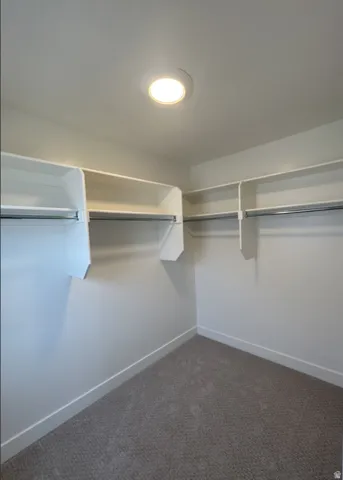 Recessed ceiling lighting, white walls, built-in shelving, chrome hanging rods, and carpet flooring