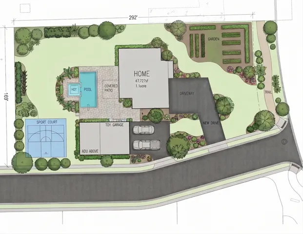 Site Plan. Depicting the property layout, including structures, amenities, and landscaping elements