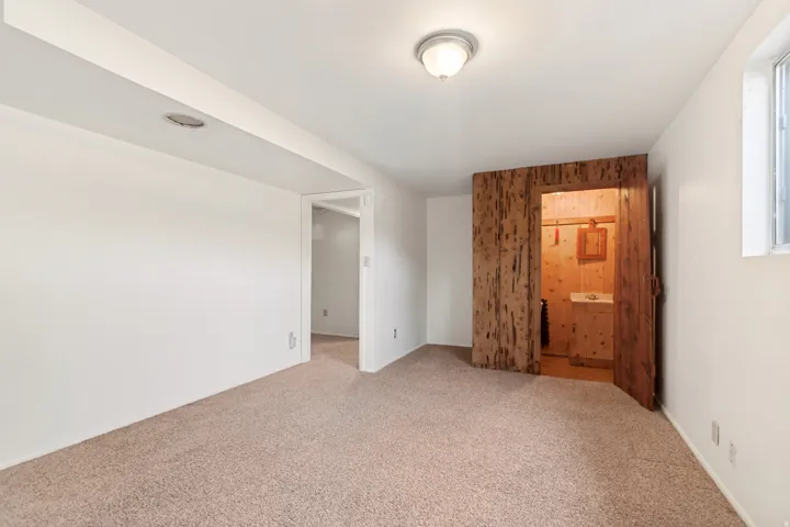 Neutral-toned carpeting complements white walls and a white ceiling with a flush-mount light fixture