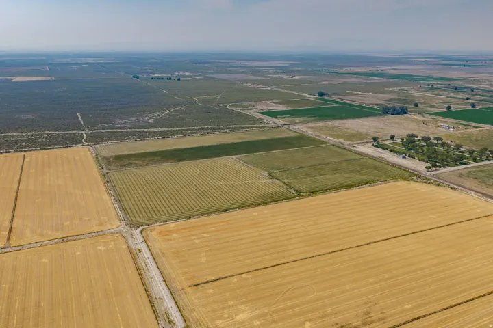 Expansive agricultural land featuring cultivated fields and natural terrain