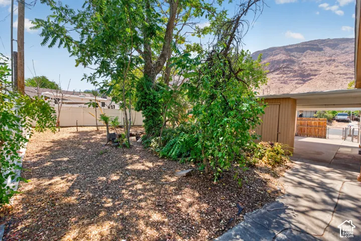 Backyard area with mature trees, a privacy fence, an attached storage shed, and a concrete driveway