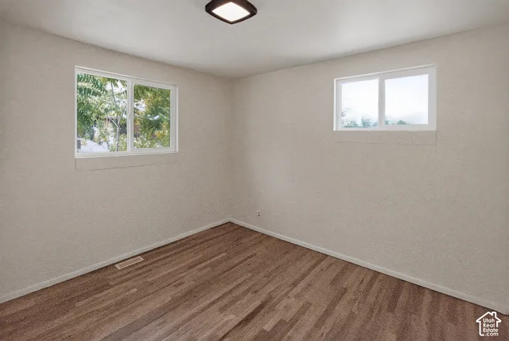 Wood-finish flooring with white baseboards, white walls, two white-framed windows, and a flush-mount ceiling light