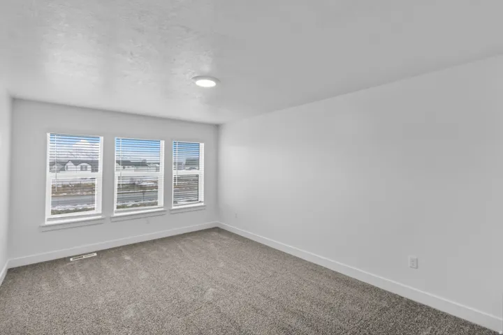 Triple window array with blinds, light gray carpet flooring, white walls, and a ceiling-mounted light fixture