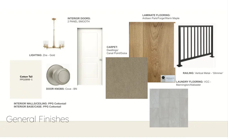 General Finishes document. Detailing material and color selections for the property's interior and exterior elements