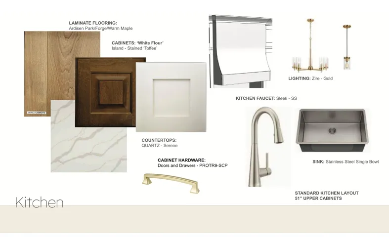 Kitchen Design Specification. Detailing finishes, fixtures, and layout standards including flooring, cabinetry, countertops, hardware, sink, faucet, and lighting selections for the property