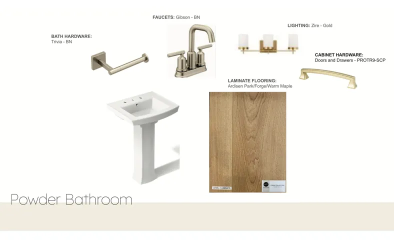Design Specification Sheet. Detailing the fixtures and finishes for the property's powder bathroom