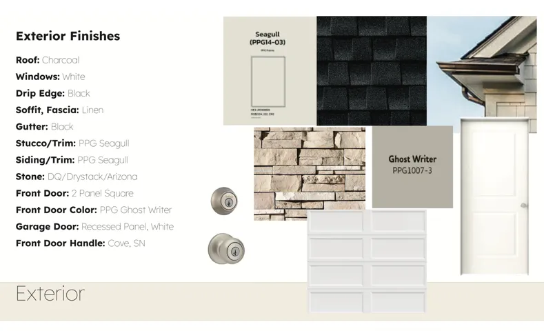 Exterior Finishes Specification. Listing the material and color selections for the property's exterior elements