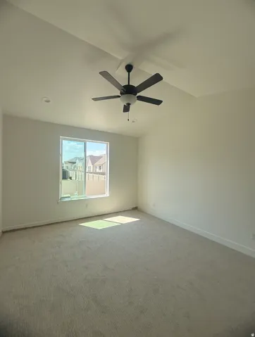Bright, light-filled bedroom featuring neutral carpet flooring, large window with natural illumination, and modern ceiling fan with integrated lighting fixture