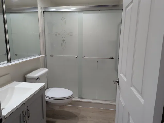 Frosted glass shower enclosure, wood-finish flooring, white vanity with integrated sink, and mirrored medicine cabinet