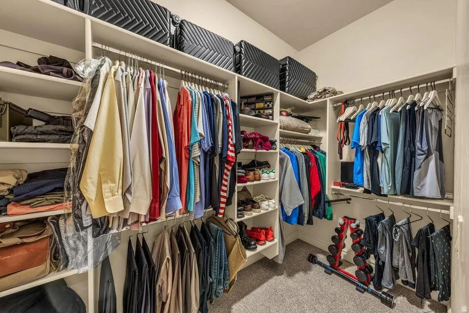Custom closet system featuring multiple hanging rods, integrated shelving, and carpet flooring