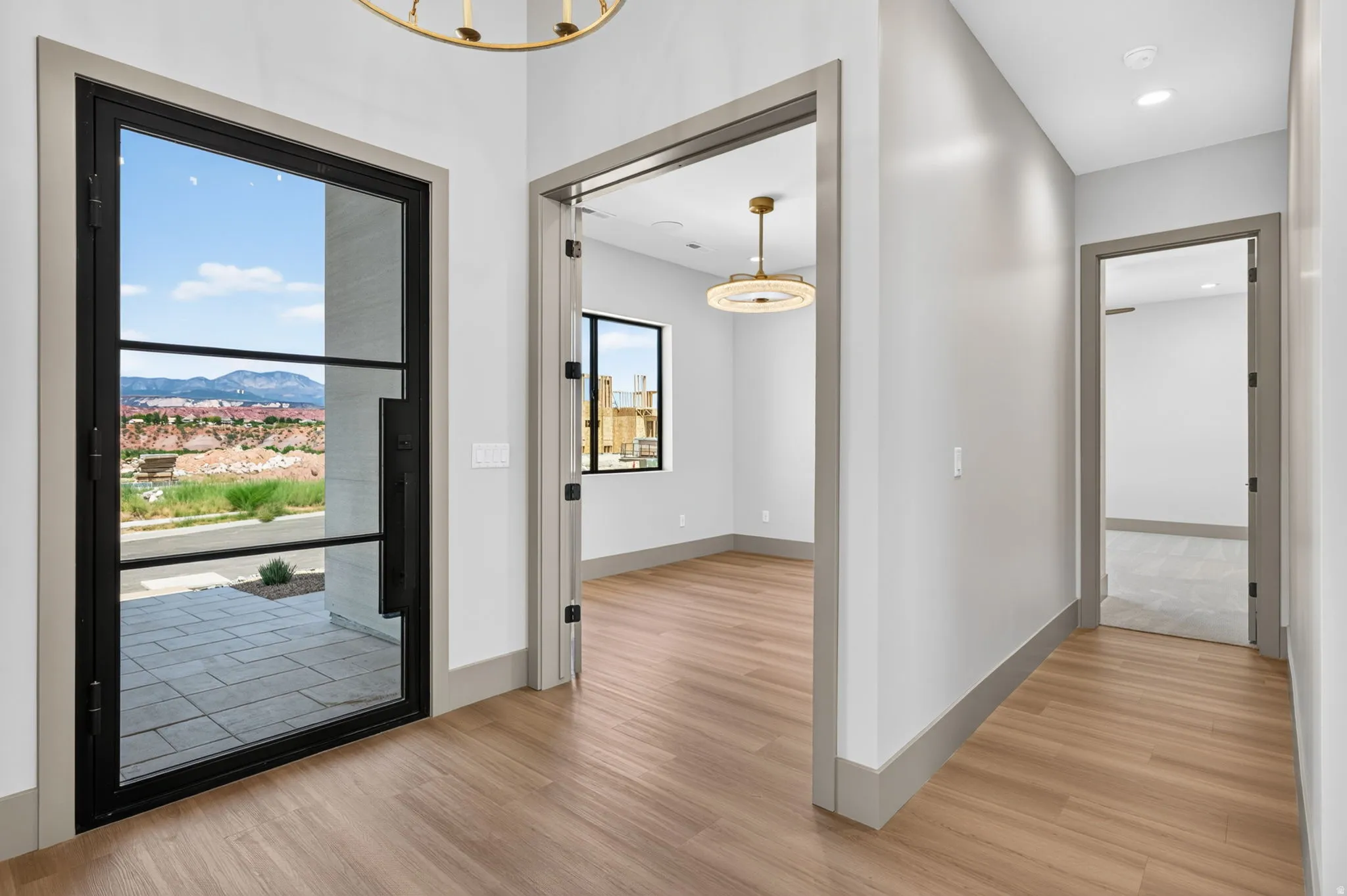 Wood-finish flooring throughout, modern entry door with black framing, recessed lighting, and contemporary ceiling light fixture