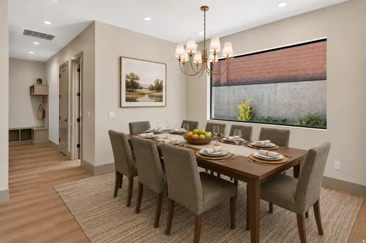 Recessed lighting, wood-finish flooring, gold-tone chandelier, built-in mudroom storage, and modern rectangular window