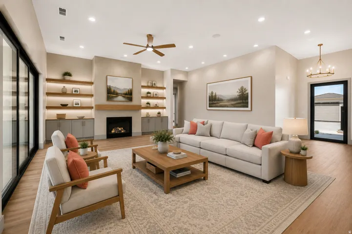 Spacious living area featuring a gas fireplace with a wood mantle, built-in shelving with accent lighting, and large sliding glass doors