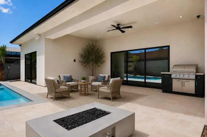 Covered patio with an integrated outdoor kitchen, ceiling fan, and fire pit