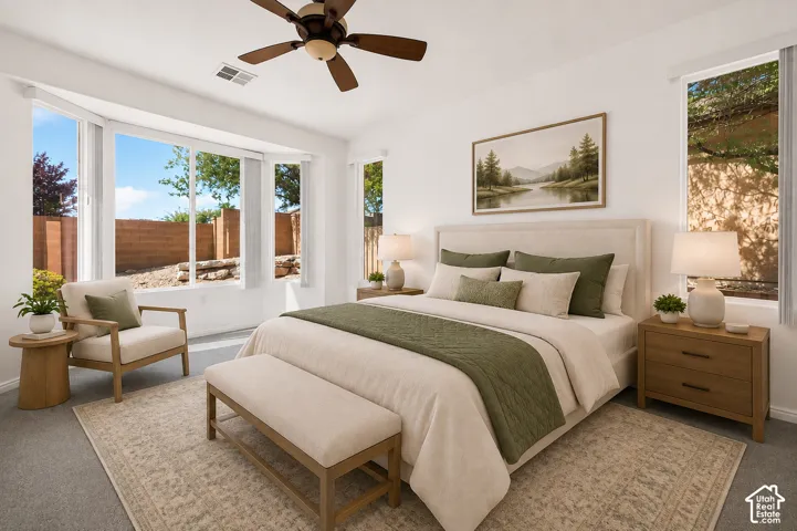 White walls, recessed lighting, and a ceiling fan with integrated lighting