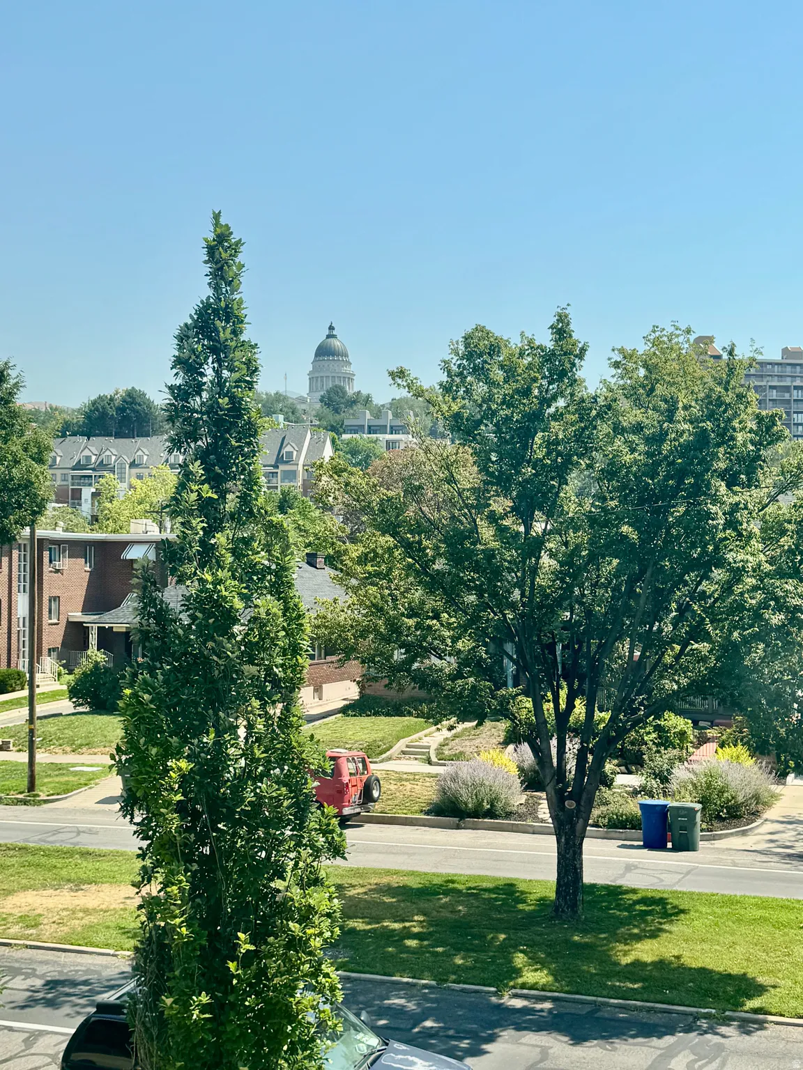 Distant architectural dome surrounded by mature trees and residential structures, with established landscaping visible in the foreground