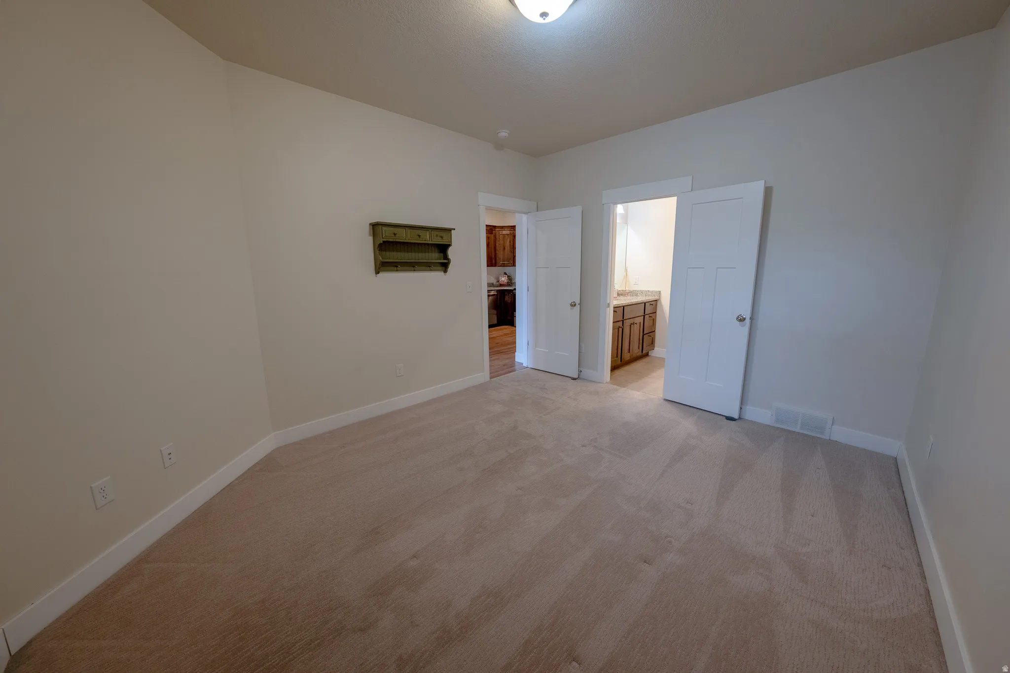 Neutral-toned carpeting, light wall finishes, and white trim