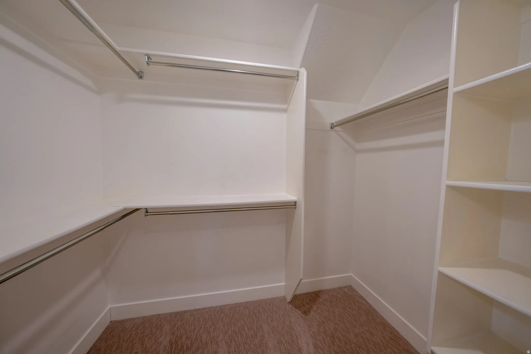 Built-in shelving, multiple hanging rods, and wood-finish flooring