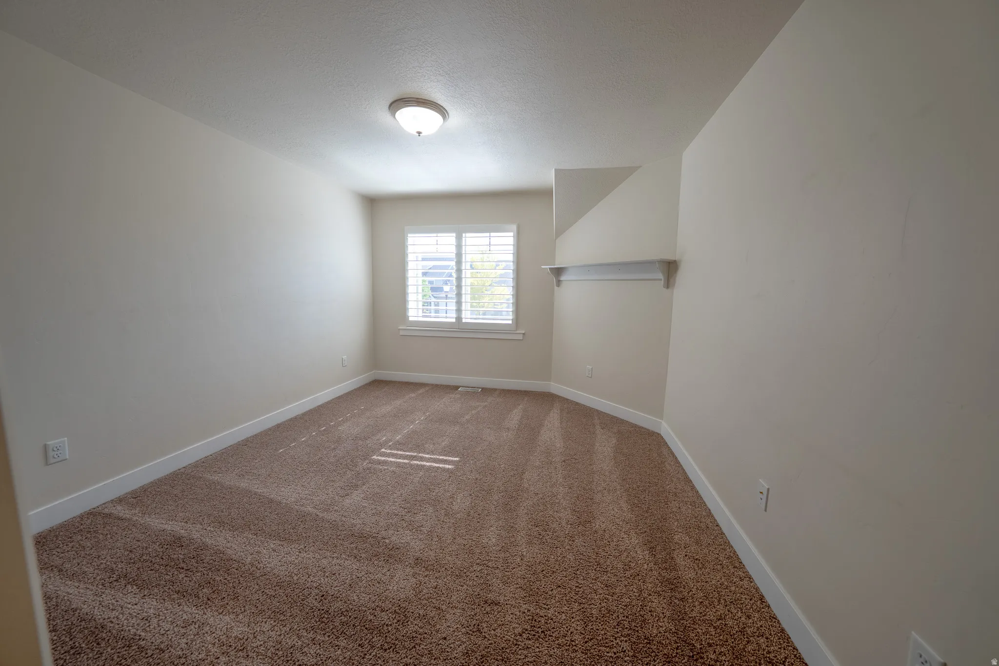 Neutral tone walls with brown carpet