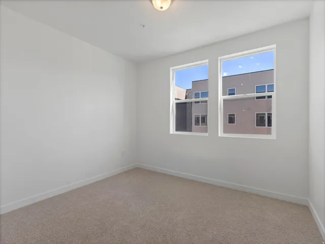 Carpeted flooring, white walls, two double-hung windows, and a flush mount ceiling light