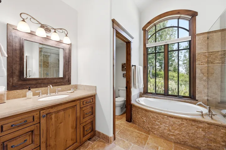 Wood-finish cabinetry with a built-in vanity, a drop-in sink, and a framed mirror with an attached vanity light