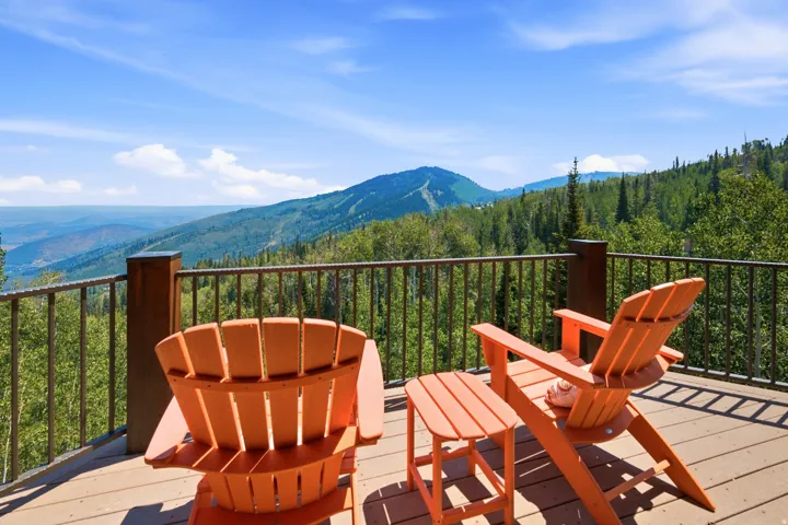 Expansive outdoor deck with wood-finish flooring and a metal railing