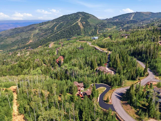 Mountainous terrain with varied tree coverage, paved roads, and multiple residential structures
