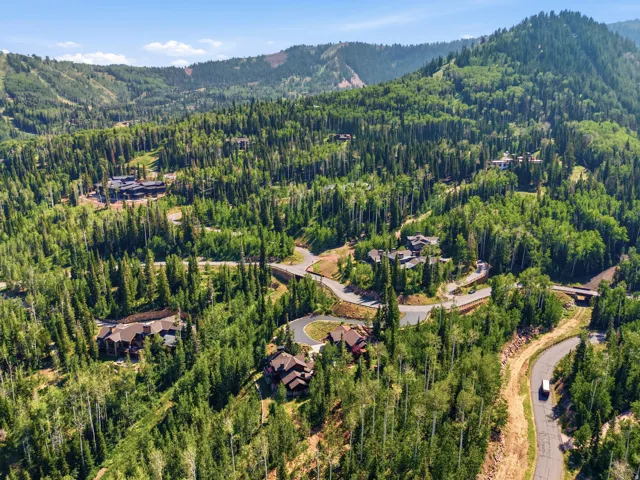 Aerial view showcasing a sprawling residential community nestled within mature coniferous forest