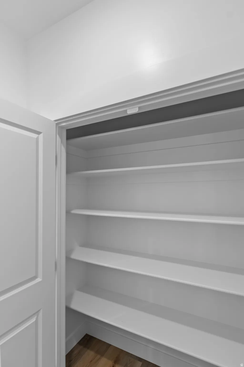 Built-in shelving with multiple levels, wood-finish flooring, and a white paneled door
