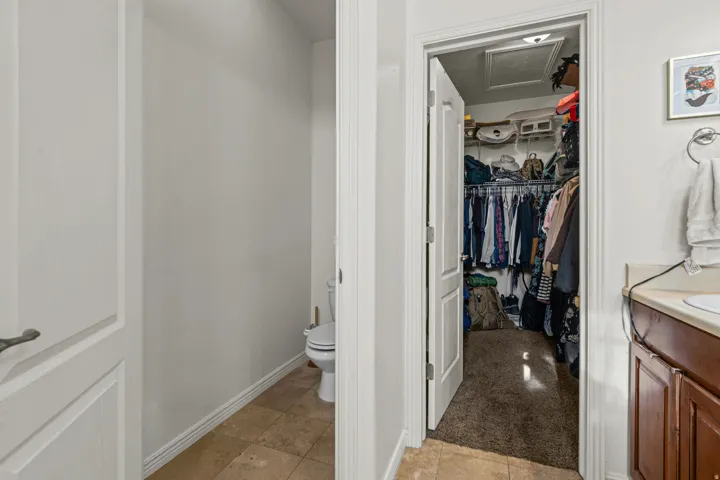 Walk-in closet featuring carpet flooring, built-in shelving, and a hanging rod