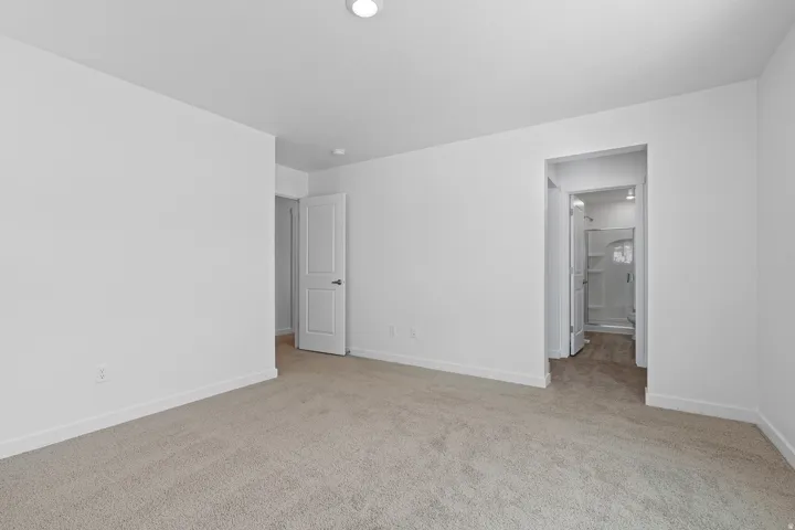 Neutral-toned carpeting, white walls, recessed lighting, and a white interior door with black hardware