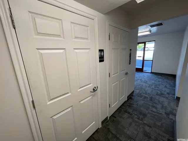 Interior hallway with paneled doors, carpet tile flooring, and overhead lighting