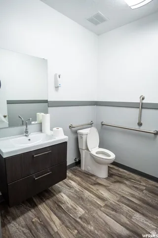 Modern vanity with a rectangular basin, wood-finish flooring, and wall-mounted grab bars