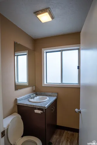 Wood-finish flooring, dark wood vanity with a white basin sink, rectangular mirror, and frosted window